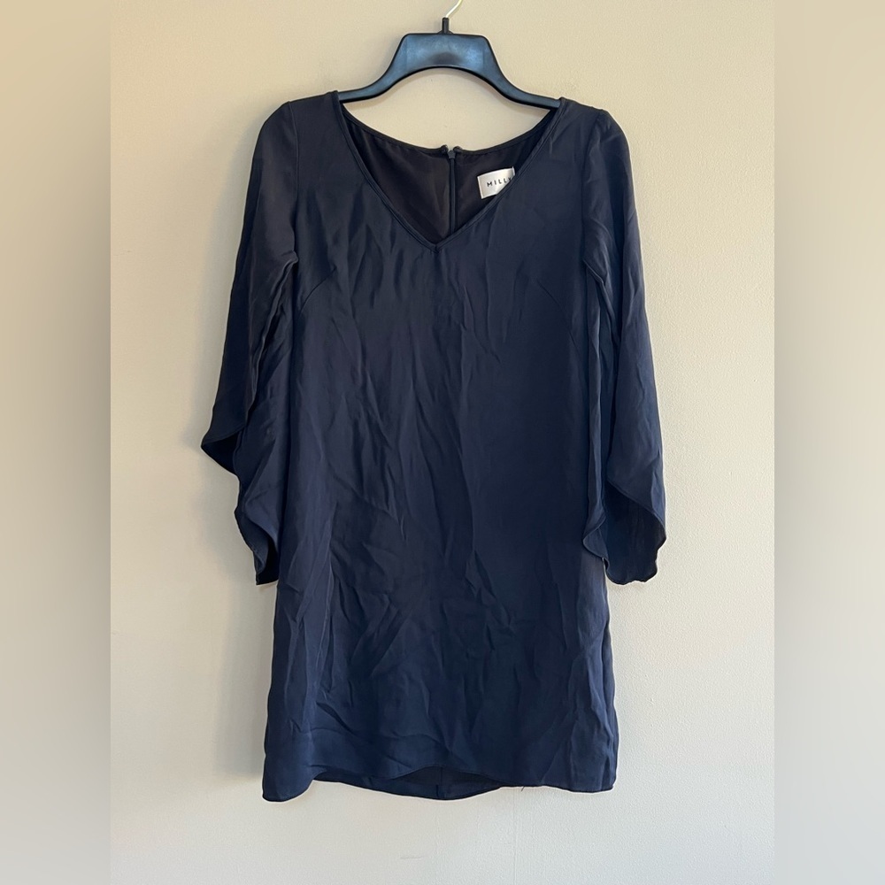 MILLY Navy Blue Silk V-Neck Shift Dress with Butterfly Sleeves, size 0